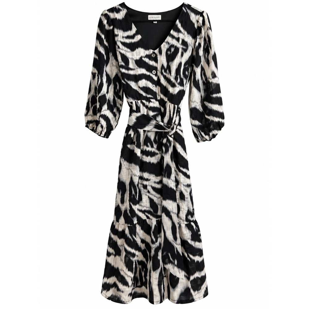 Luxology Black Ivory Abstract Animal Print Belted Midi Dress Size L Boho
